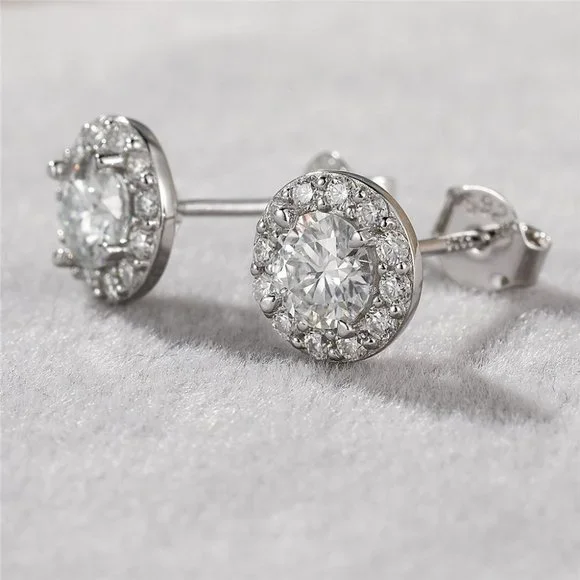 Certified 1ct. t.w. Moissanite Diamond Round Halo Stud Earrings NEW A - Picture 3 of 13